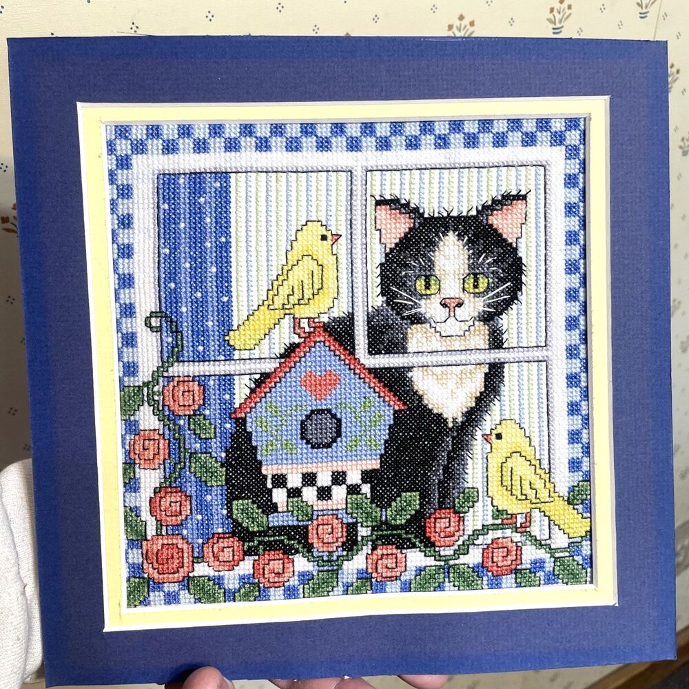 Cat Cross Stitch Picture 9” Tuxedo Kitty Bird House Canary Embroidered